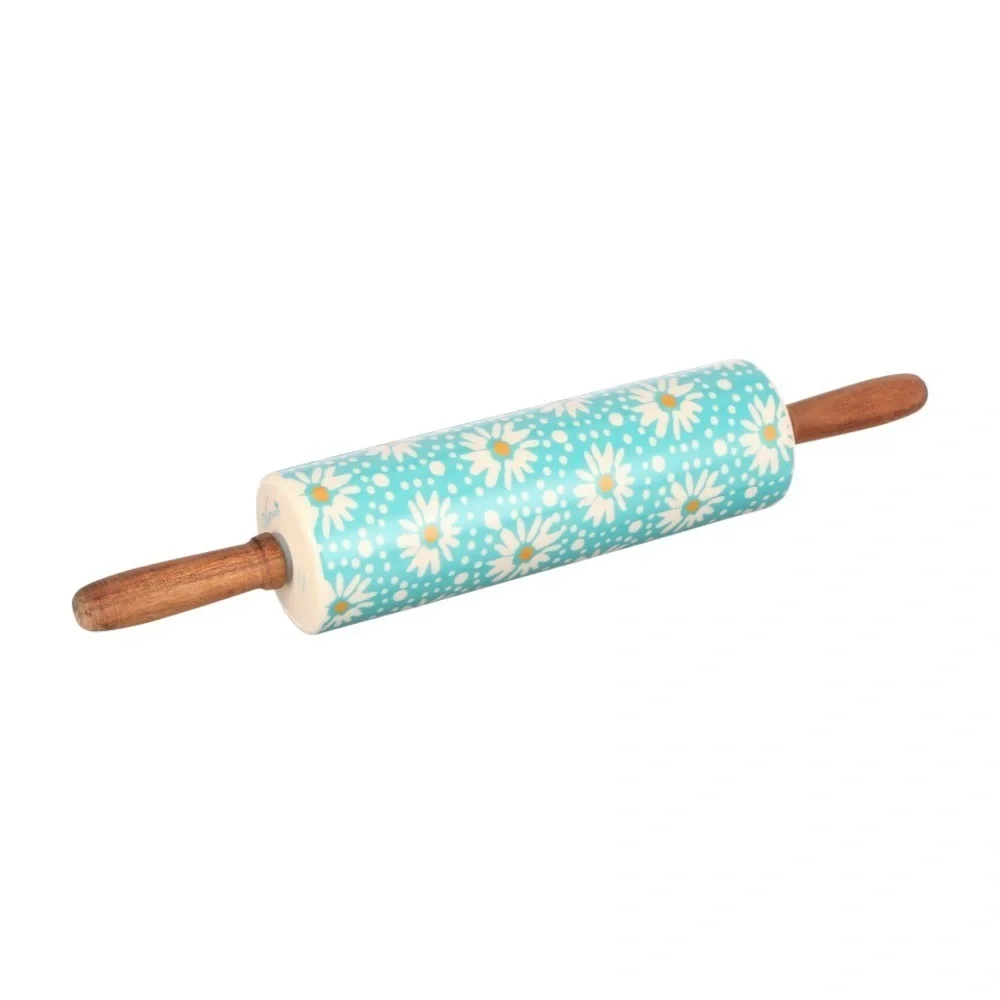 New The Pioneer Woman Blue Daisy Wood Handle Ceramic Rolling Pin